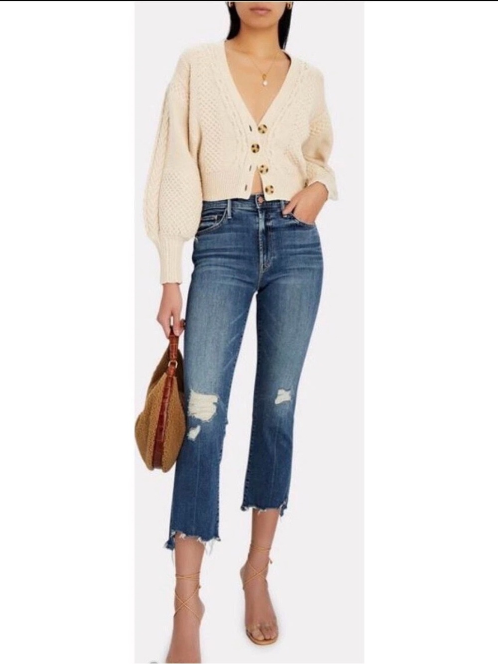 MOTHER Mid-Rise Distressed Cropped Jeans in Blue
